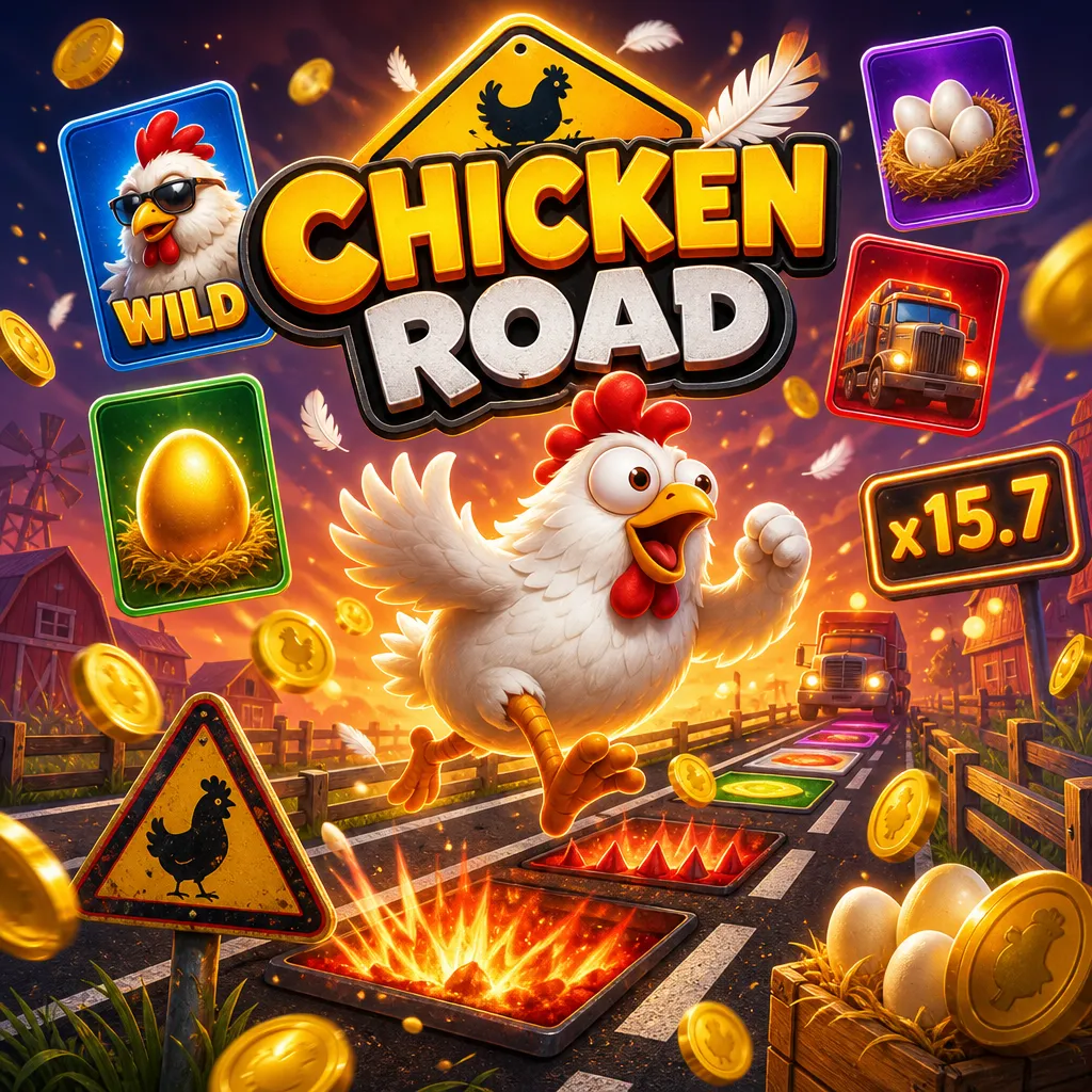 Square promo image for Chicken Road showing a humorous chicken crossing a road, coins, and playful crash-game elements with v